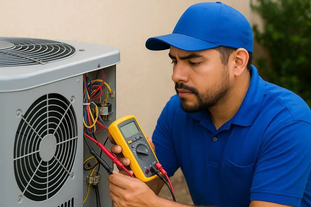 Technician testing an outdoor AC condenser with a multimeter