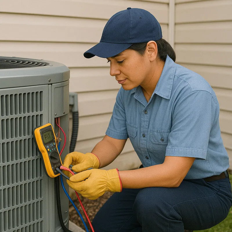 Technician diagnosing an outdoor HVAC unit